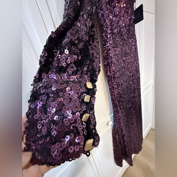 NWT | Mac Duggal 26717 Aubergine Purple Sequined One Shoulder Sleeve Gown Size 6 - Picture 8 of 14